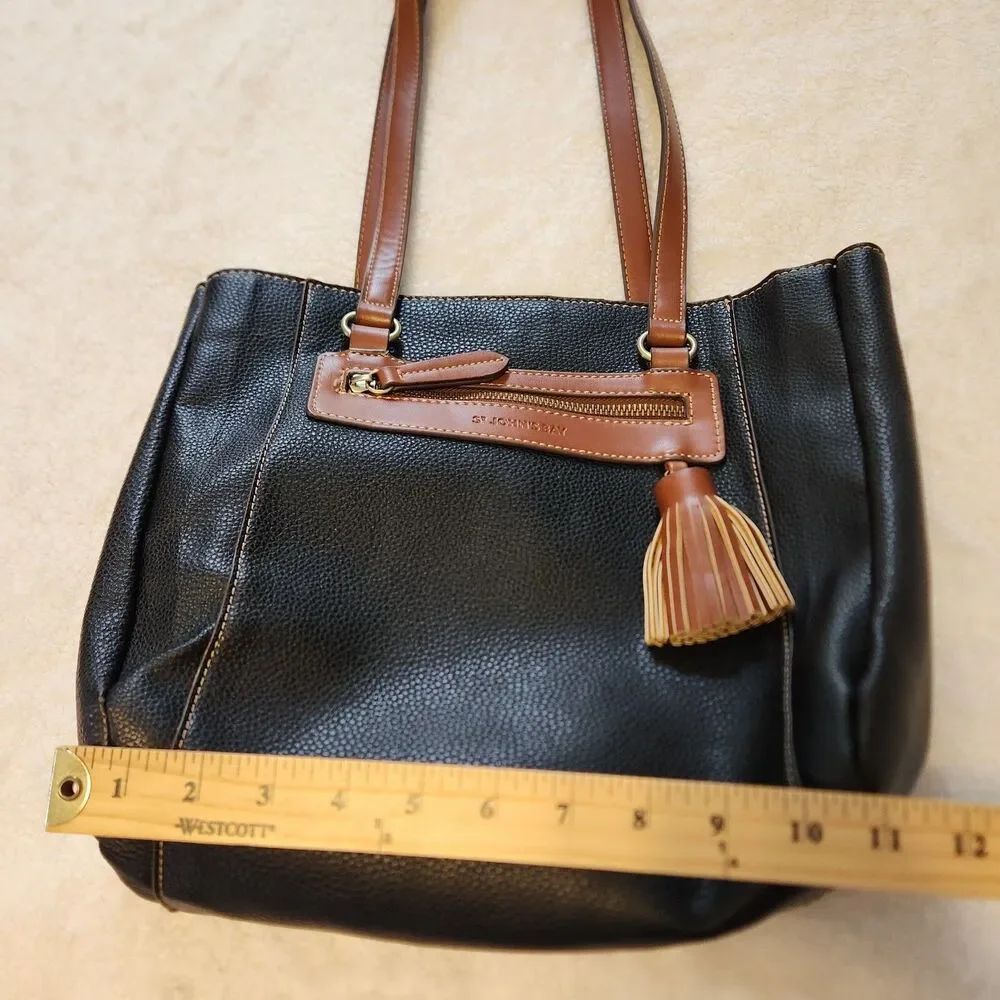 St John's Bay Black & Brown Three Section Shoulder Bag Purse Faux Leather Tassel
